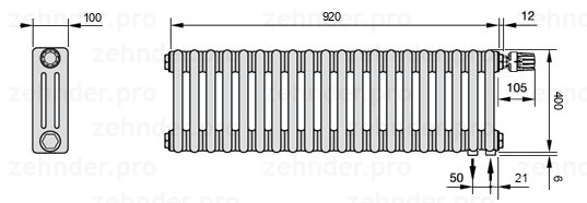 Схема (чертеж) Радиатор Zehnder Charleston 3040/20 №V002 Белый глянцевый RAL 9016